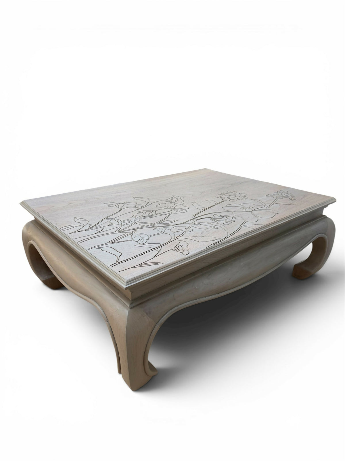 Vintage Refinished Solid Wood Coffee Table | Hand-Engraved Floral Design