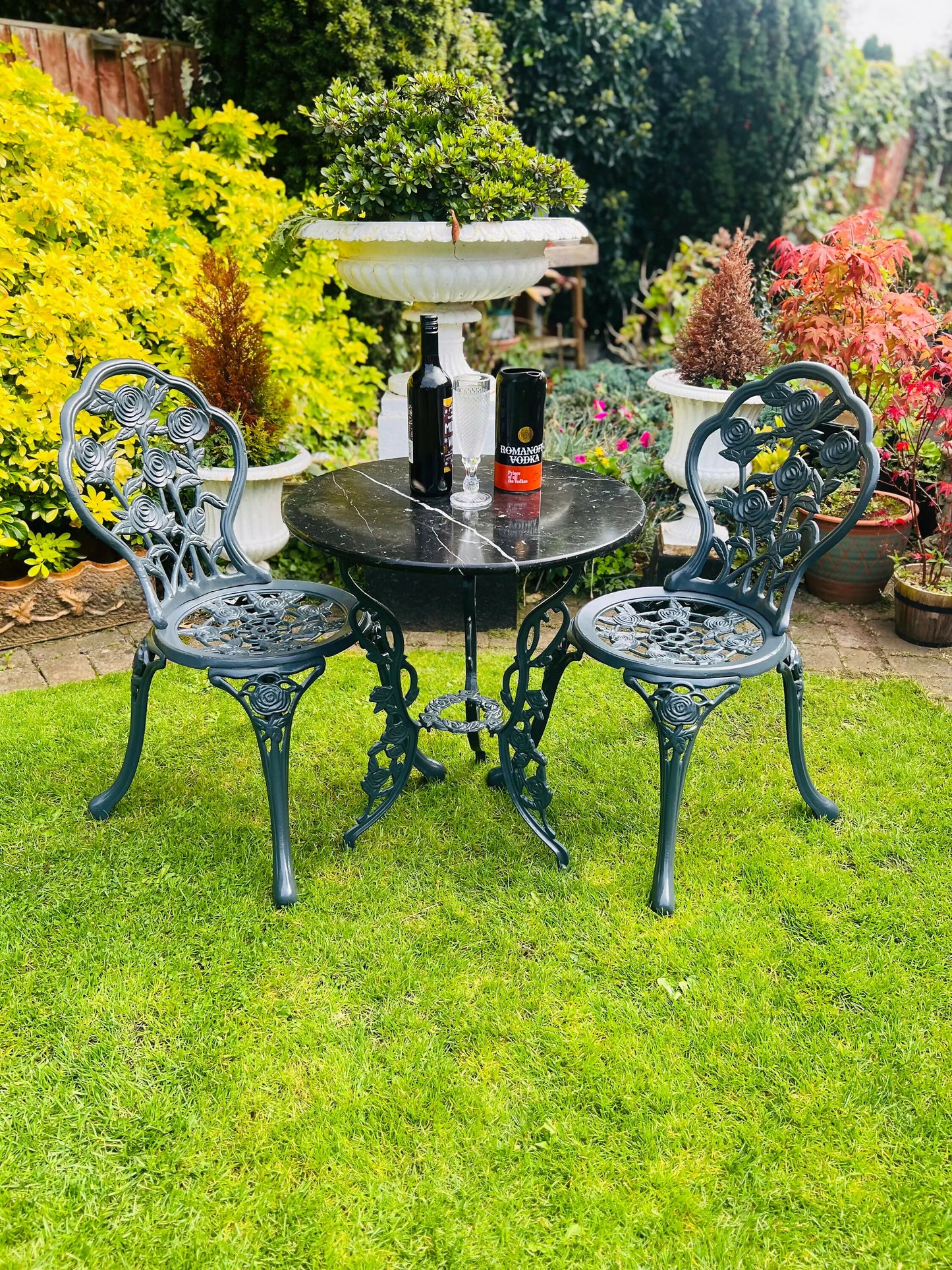 Grey Vintage Cast Iron and Marble Garden Furniture Patio Set