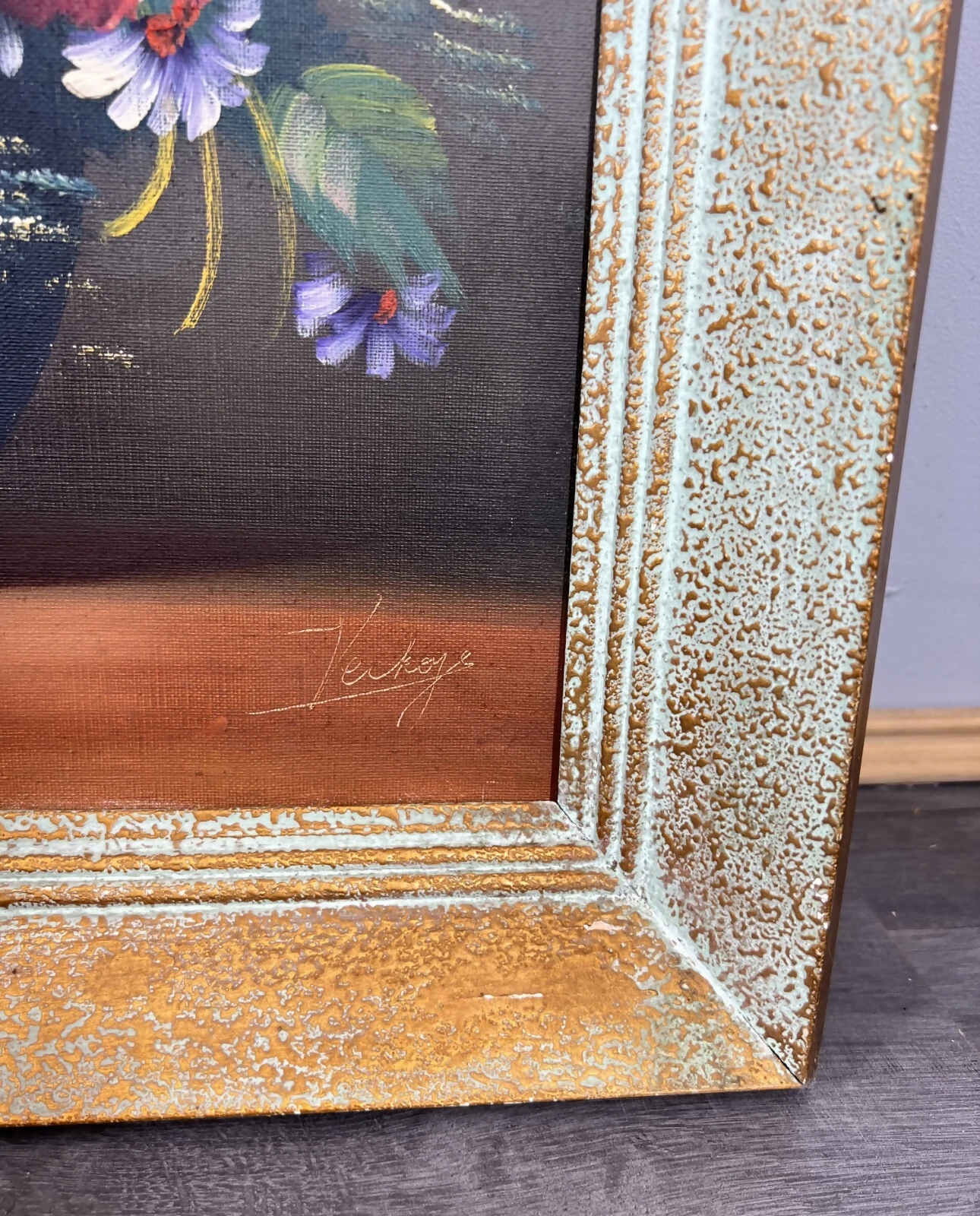 Painting Vintage French Floral Vase Red Purple Flower Signed Framed LOT 3878