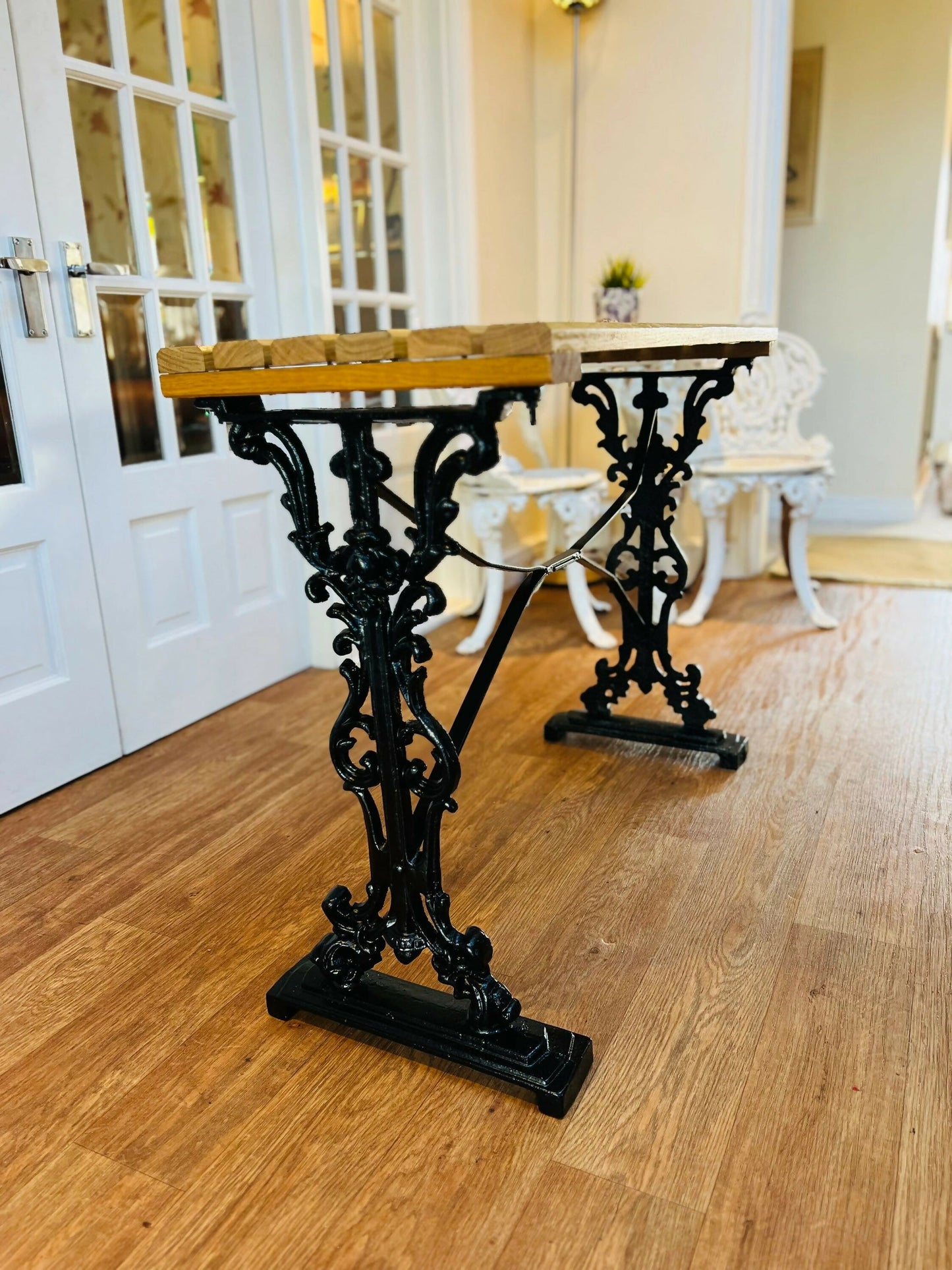 Hallway Occasional Patio Table Cast Iron and Oak Wood