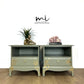 Stag Minstrel Bedside Tables In Pale Sage Green With Gold Foil Bird And Floral Design