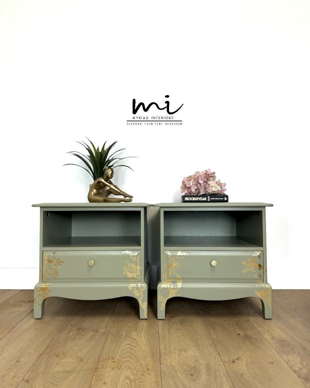 Stag Minstrel Bedside Tables In Pale Sage Green With Gold Foil Bird And Floral Design