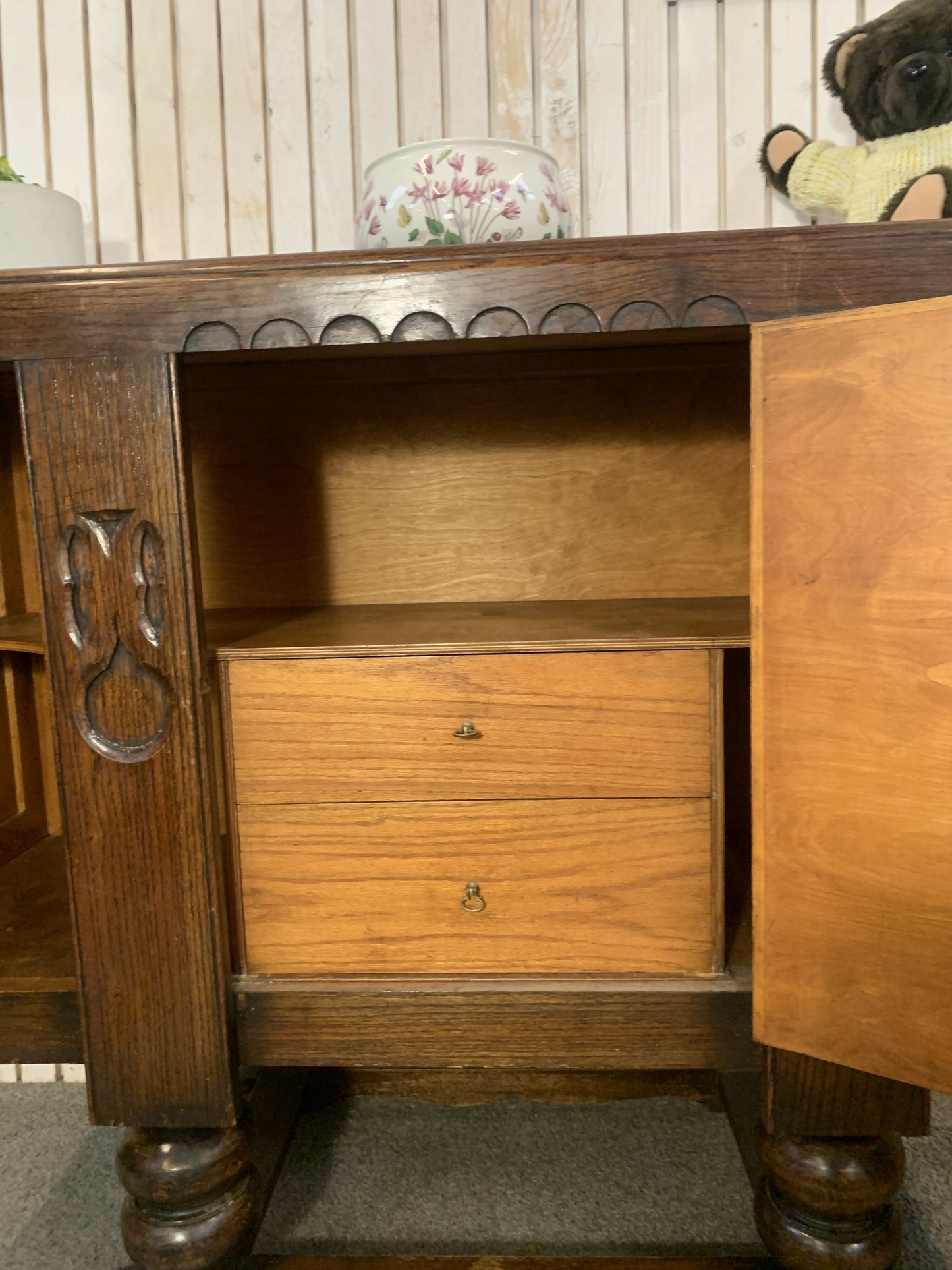 Vintage Art Deco Carved Wood Cabinet Sideboard 3 Doors 2 Drawers