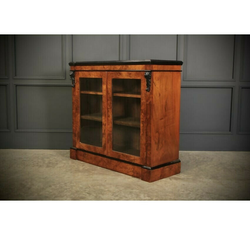 Vintage Victorian Glazed Figured Walnut Bookcase Display Cabinet