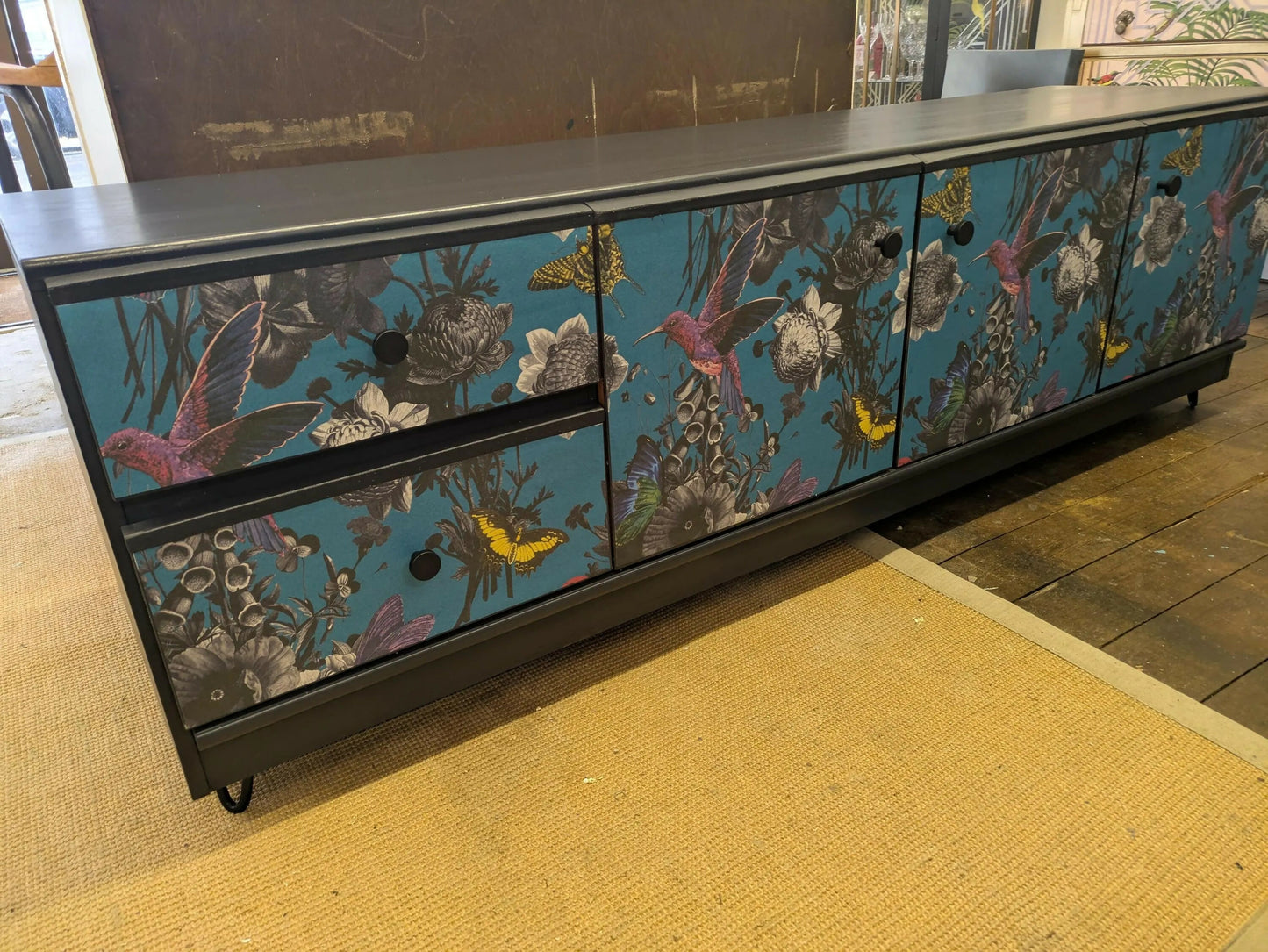 Midcentury Meredew Sideboard: Upcycled Charcoal Grey Floral TV Unit