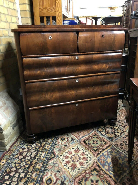 Vintage Mahogany Biedermeier Tall Chest Of Drawers, Flame Veneers. Circa 1860