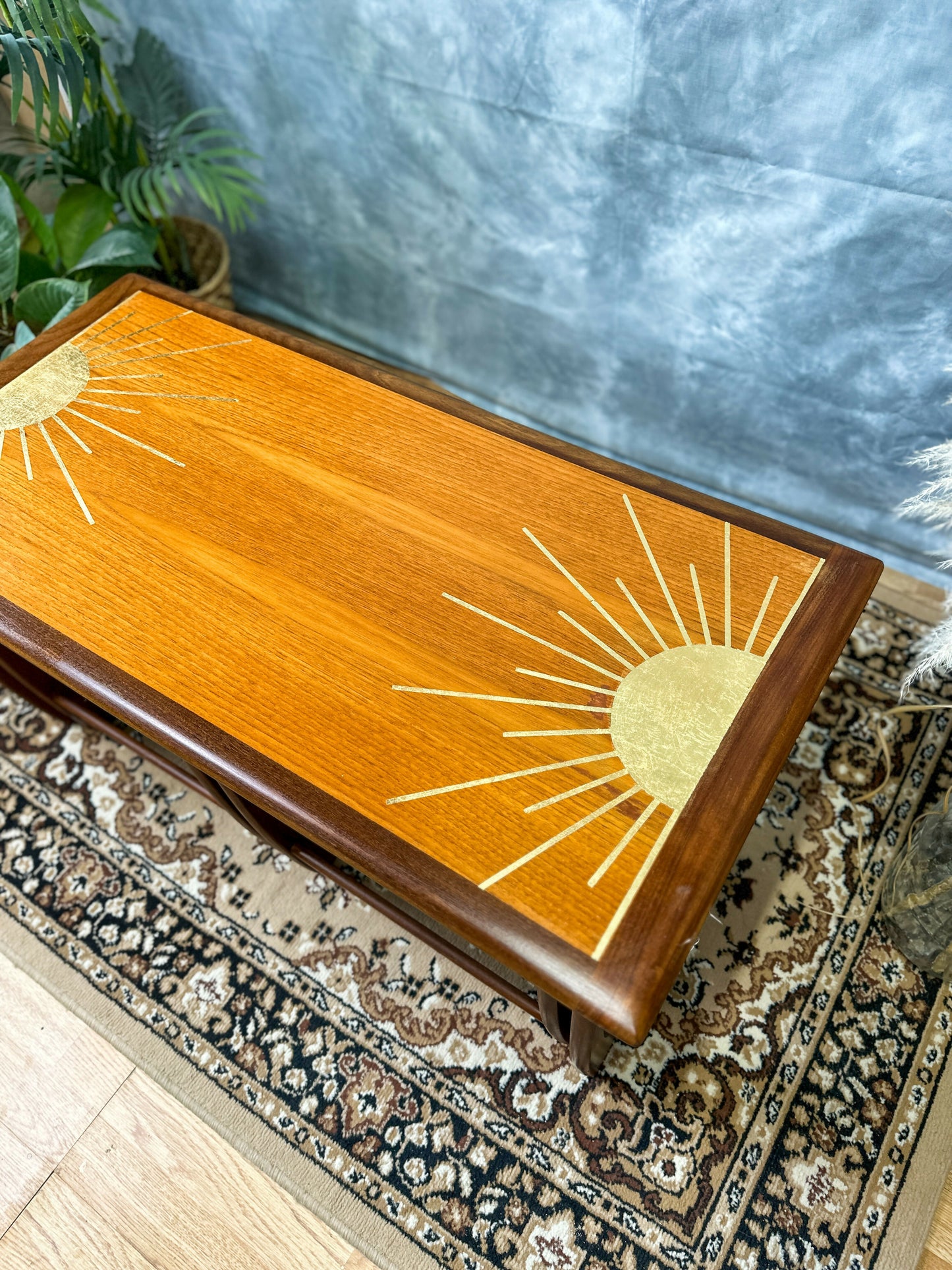 G Plan Long John Nest of 3 Tables with Gold Leaf Sunburst Design - Mid Century Modern MADE TO ORDER