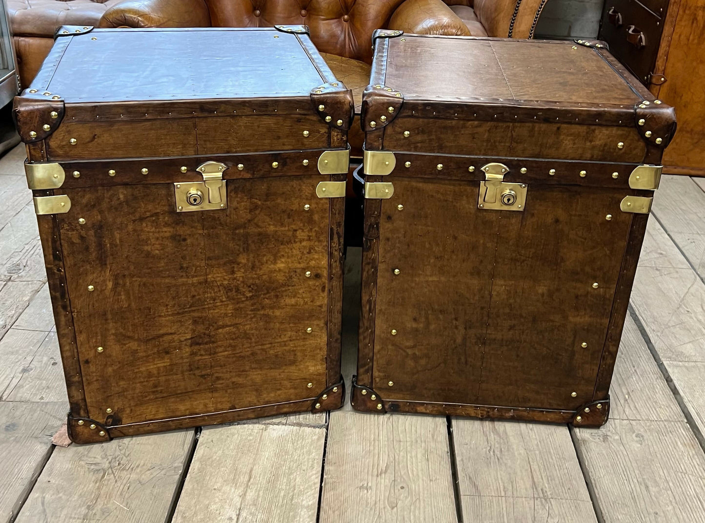 Handmade vintage storage trunks - luxury custom made - brown leather accent tables