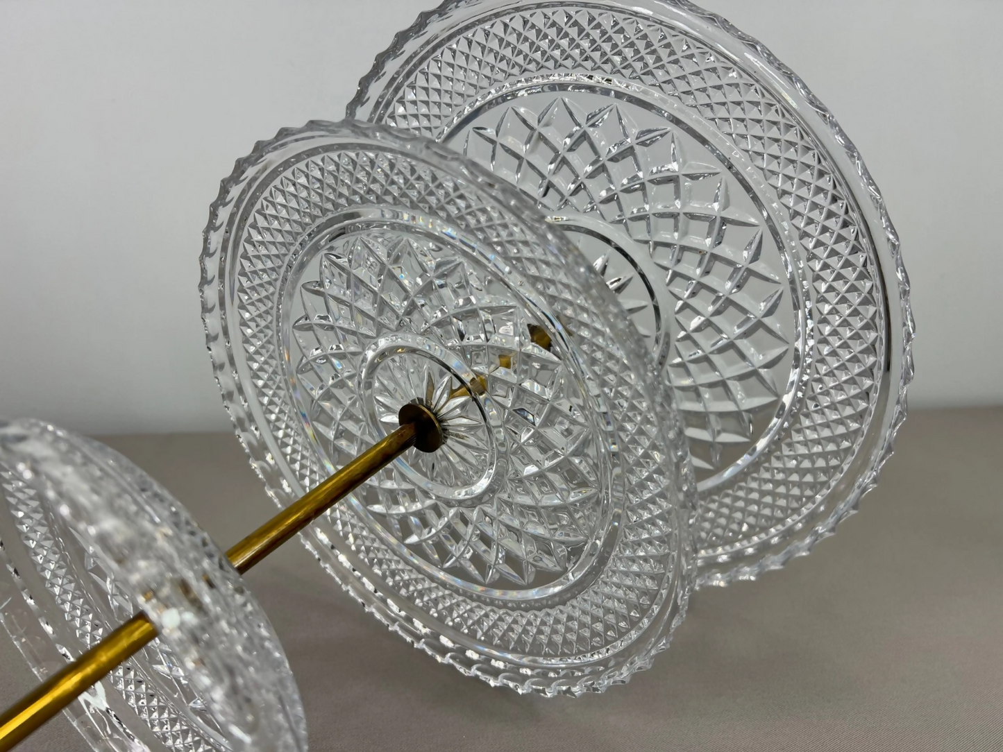 Cake Stand Vintage French Crystal Three Tier Serving Stand Brass Handle LOT 3600