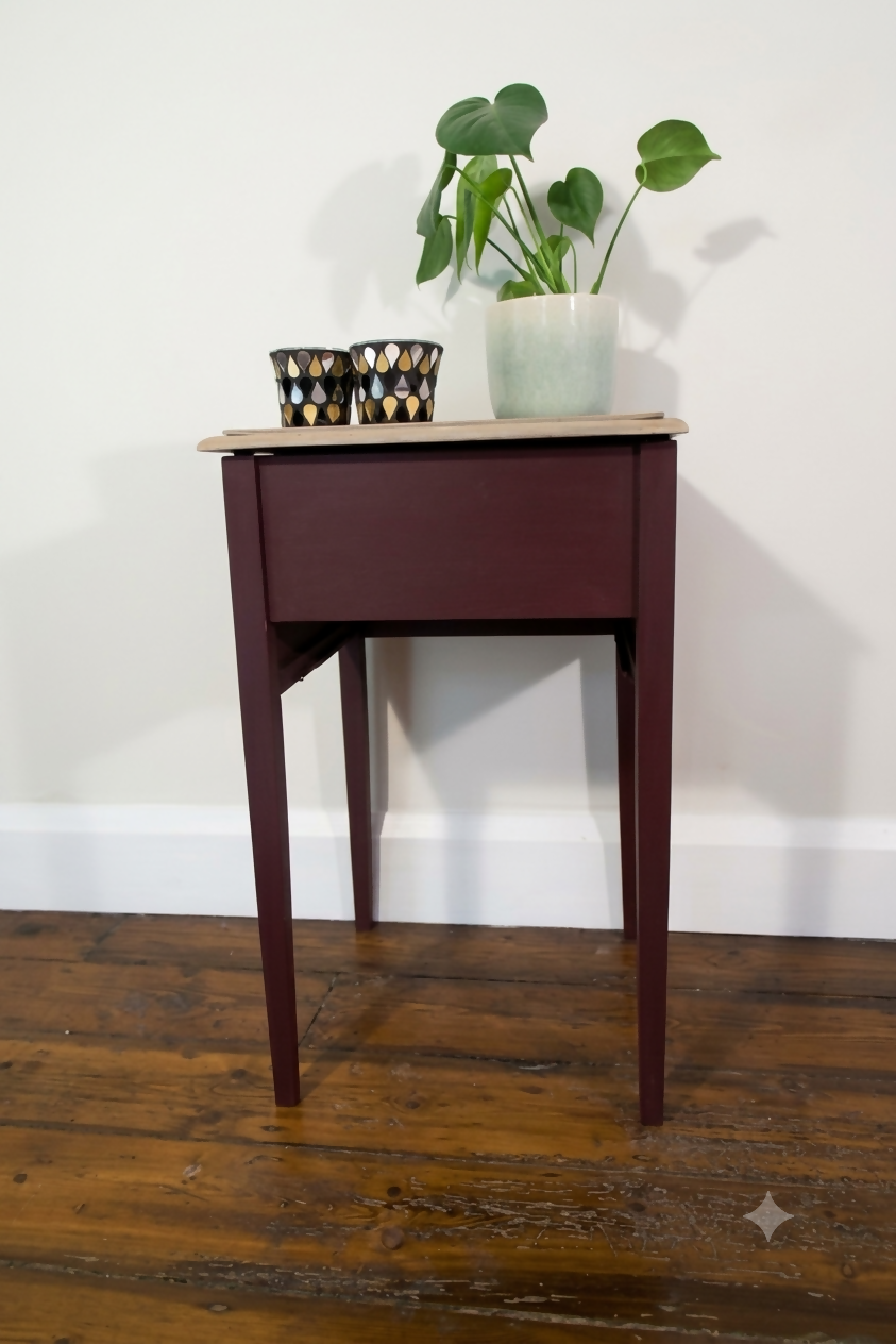 Antique Sewing Box Table — Aubergine painted, Silk lined