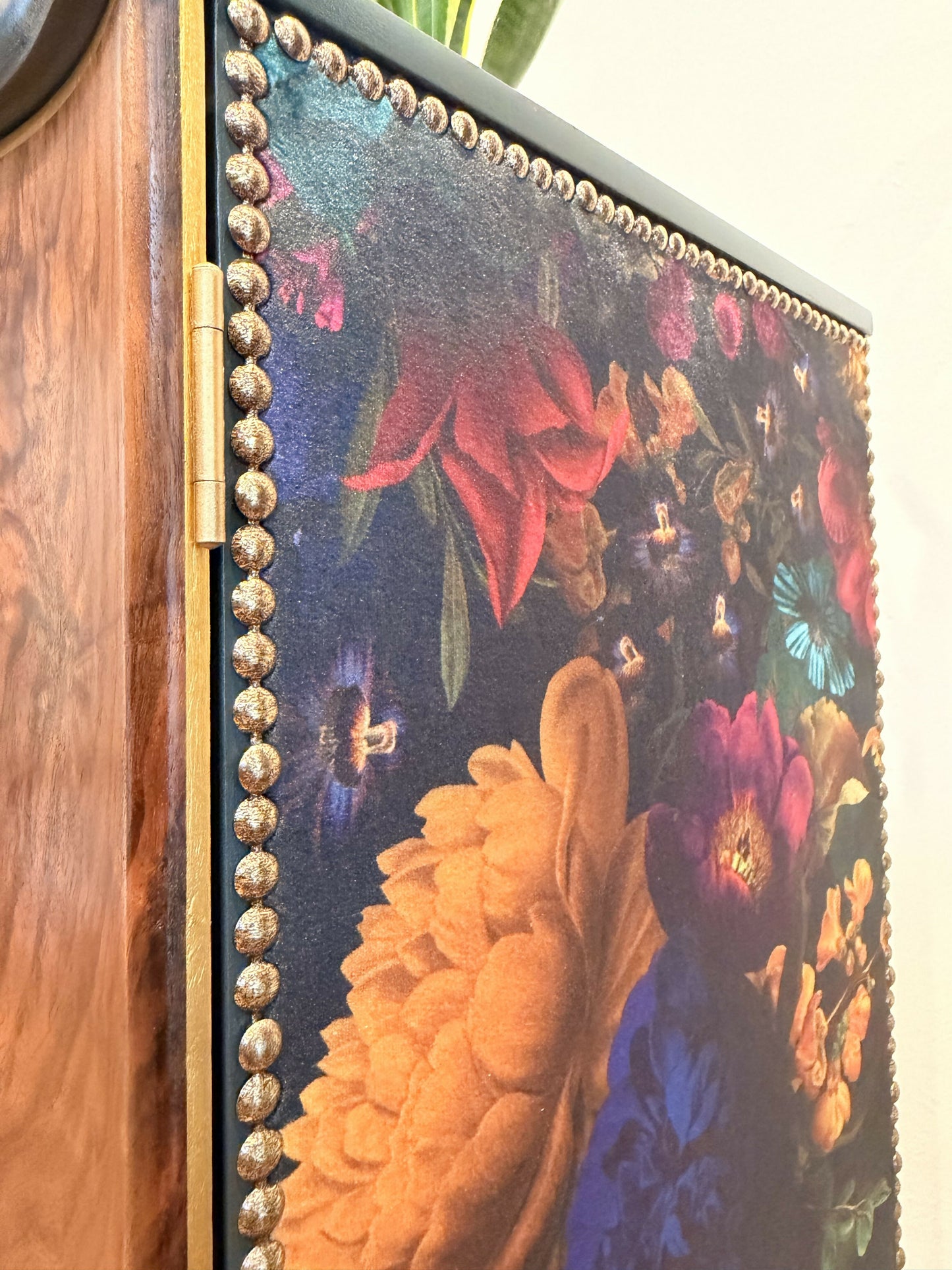 Luxury Unique Art Deco Sideboard with Drinks Cocktail Cabinet Section or TV Console | Refinished Hand Painted Vintage Green, Gold & Velvet | Black Leopard Interiors