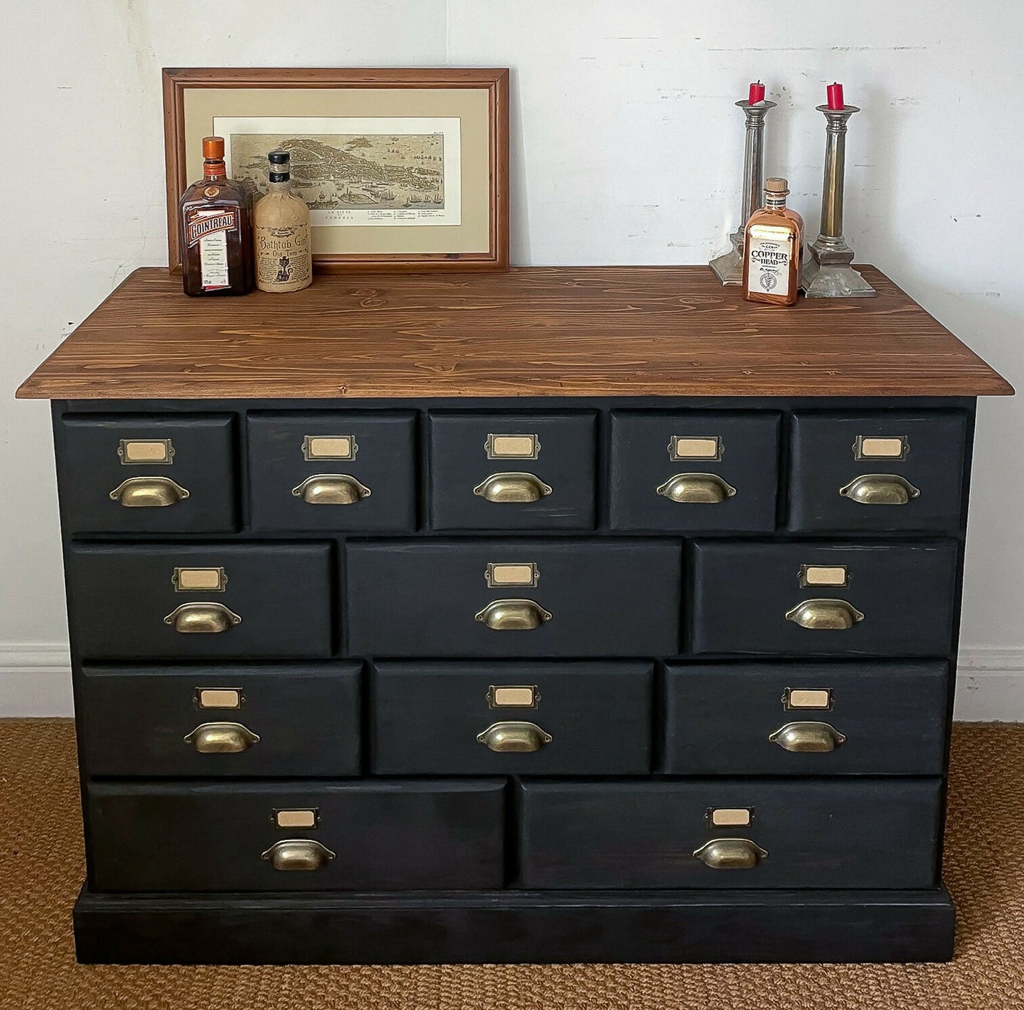 4ft Apothecary haberdashery "style" merchant bank chest of drawers sideboard Solid pine ebonized black x13 drawers