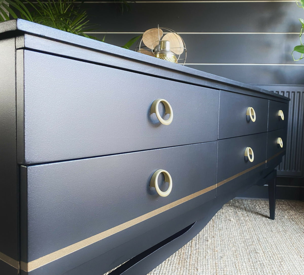 Sideboard With Drawers, TV Cabinet, Black Low And Wide, Mid Century.