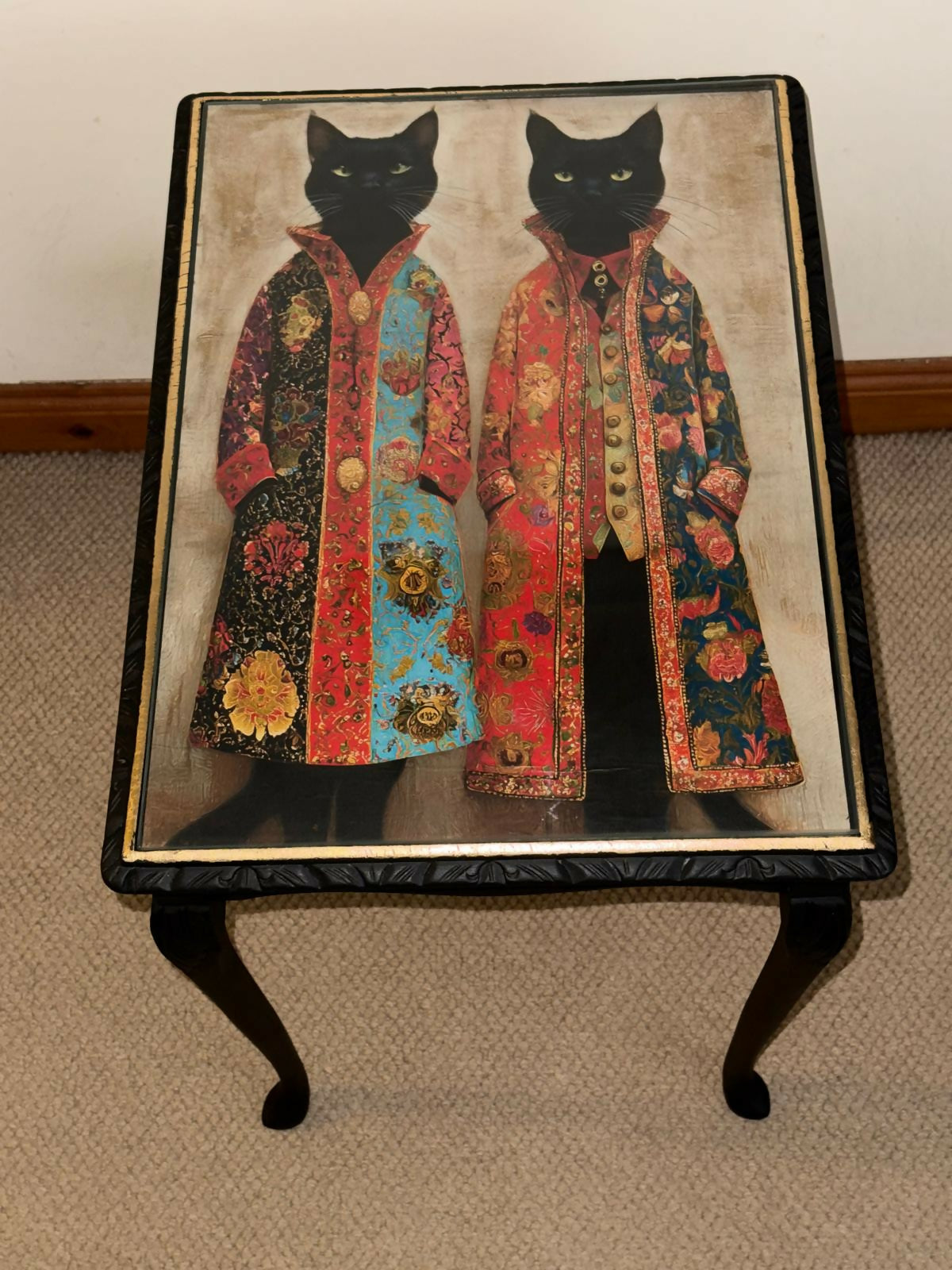 Hand Painted Decoupage Side Table with Glass Top – One of a Kind Black Cat Design