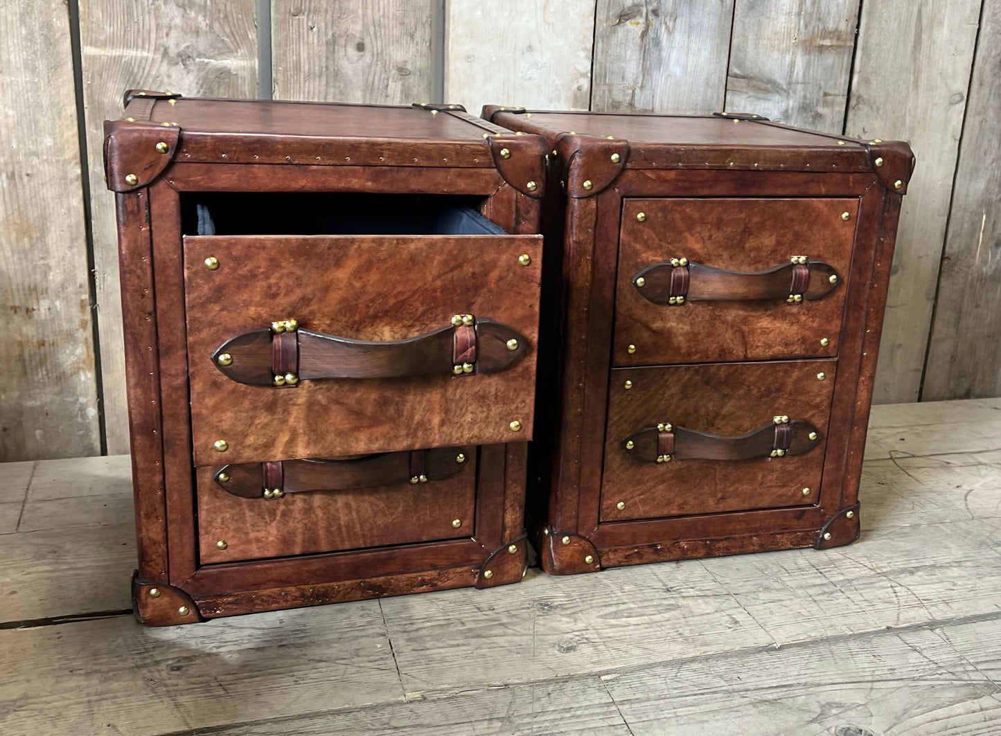 Bespoke English vintage bedside cabinets - custom wood framed - luxury hand dyed leather nightstands