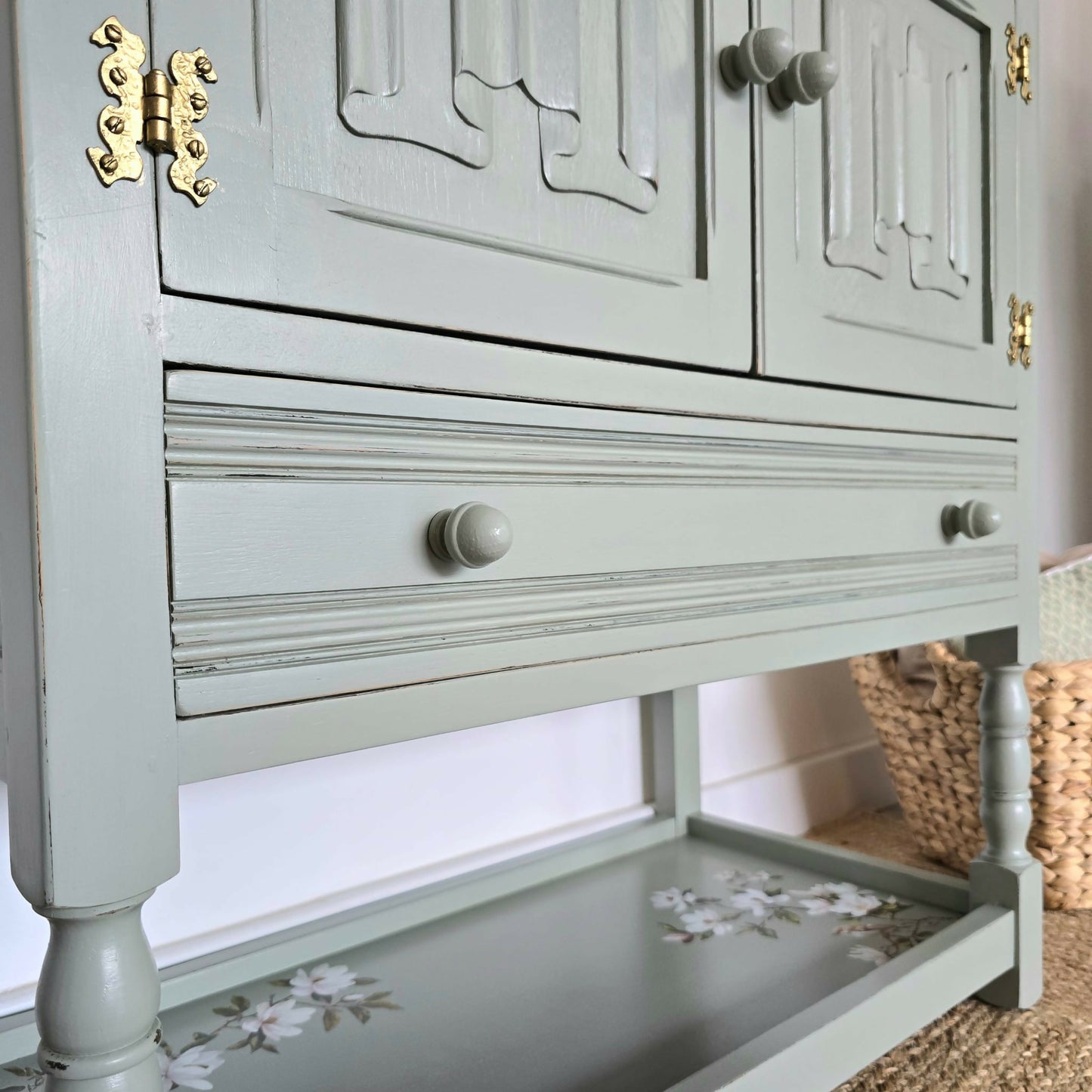 Upcycled Vintage Jaycee Linenfold Oak Sideboard, Cabinet in Sage Green
