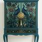 Exquisite Edwardian Cocktail Cabinet Luxury Upcycled – Teal & Peacock Decoupage, Mirrored Bar with LED & Gold Interior