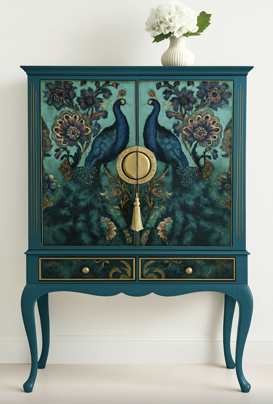 Exquisite Edwardian Cocktail Cabinet Luxury Upcycled – Teal & Peacock Decoupage, Mirrored Bar with LED & Gold Interior