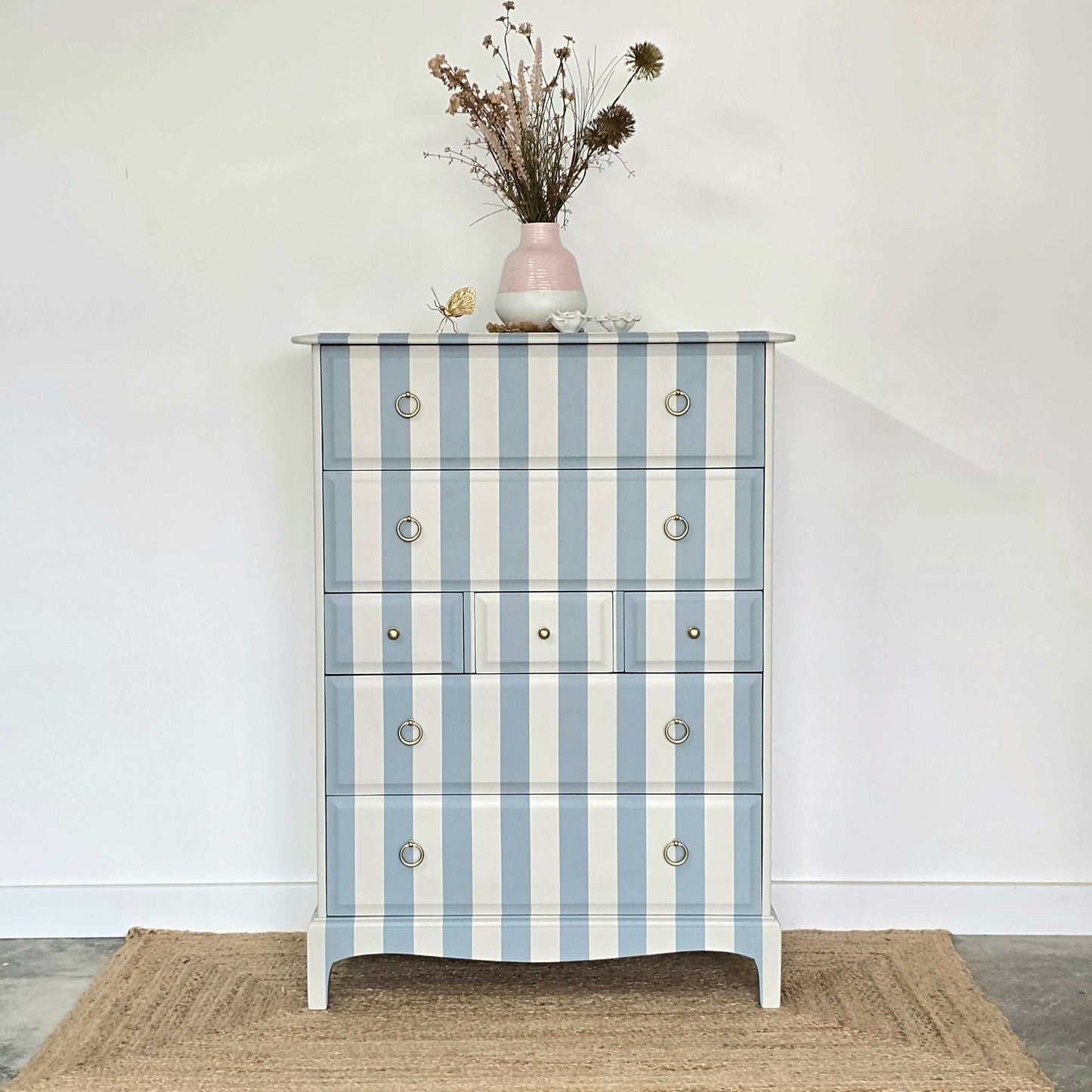 Vintage Hand-painted Stag Minstrel Tallboy, Chest of Drawer Blue & Cream Striped
