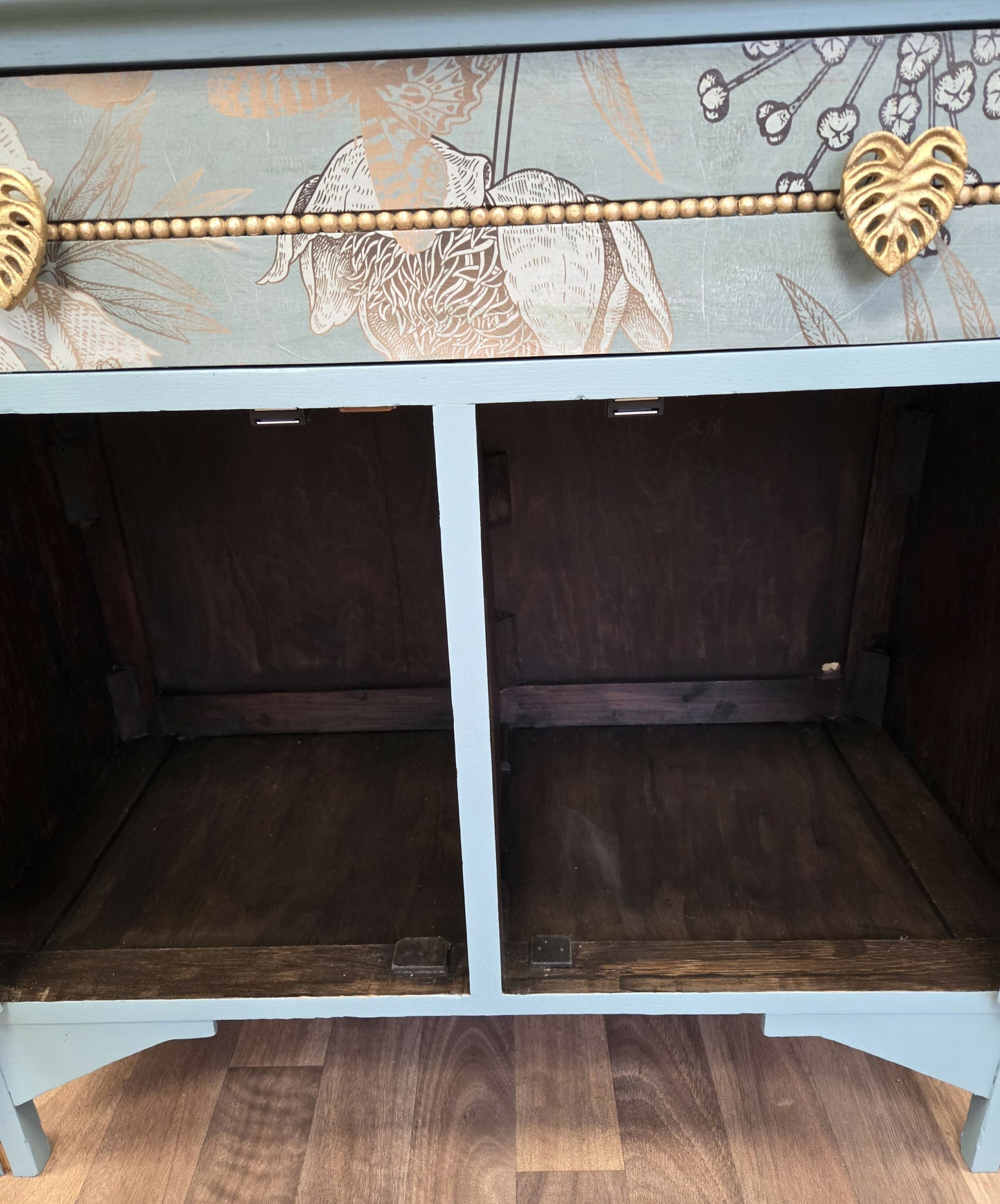 Vintage pale blue and gold drawered cupboard.