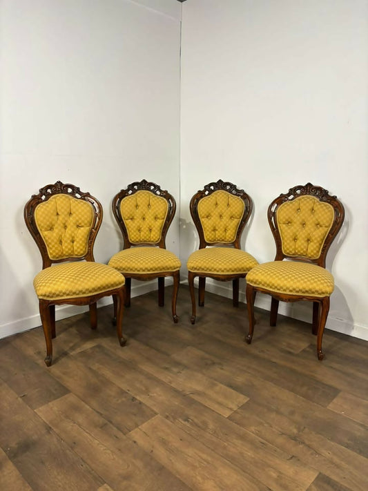 Set of Four Vintage Italian Style Walnut Dining Chairs – Gold Upholstered Seats
