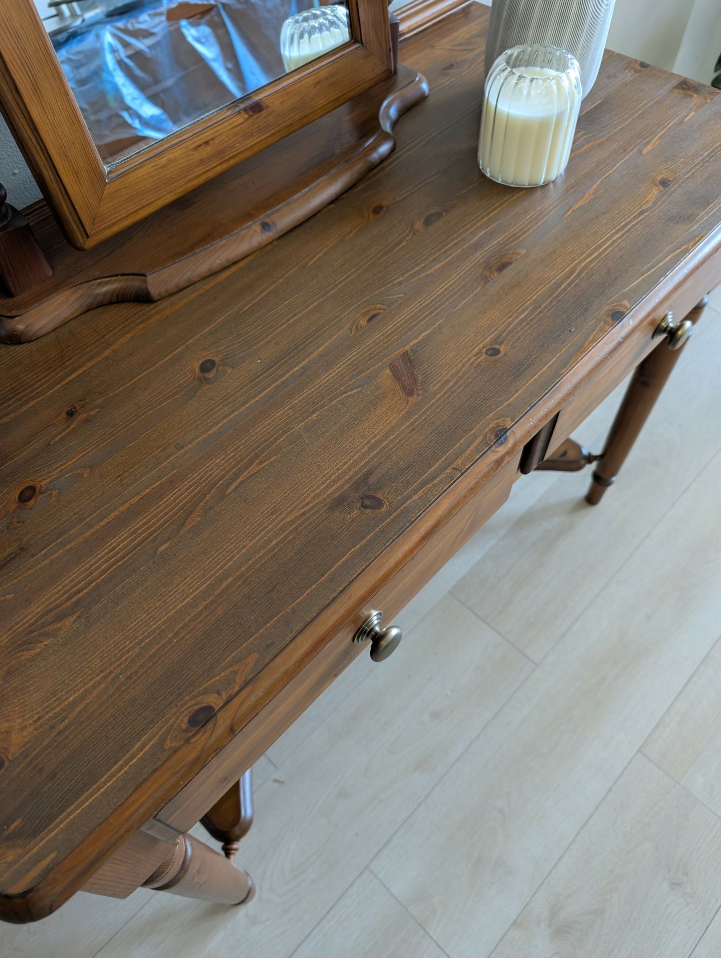 Restored Vintage Ducal Pine Dressing Table with Swing Mirror