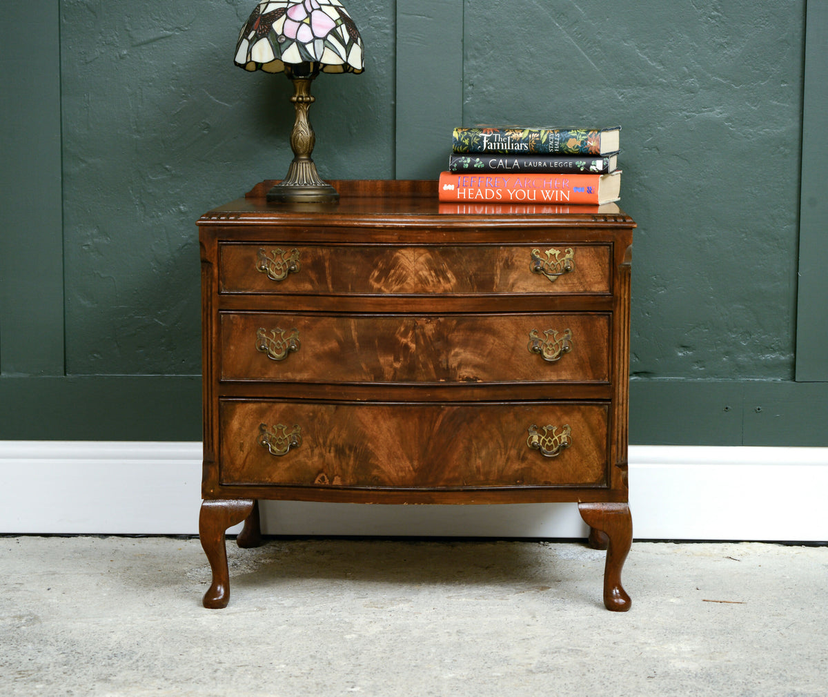 Small Burr Walnut Serpentine Chest of Drawers / Bedside Table - Queen Anne Legs