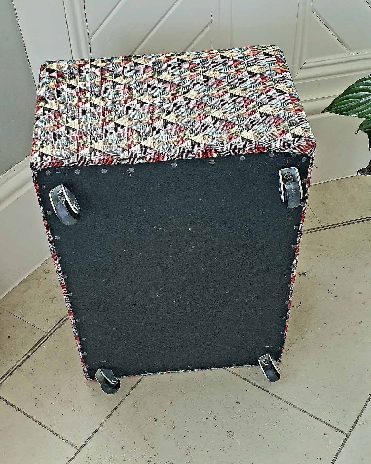 Footstool Pouffe Ottoman on castors Rescued, Restored & Reupholstered in a Modern, Geometric Fabric.