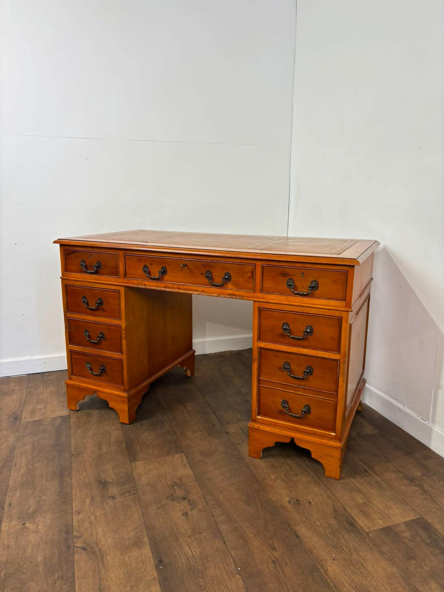 Reproduction Yew Twin Pedestal Desk with Leather Top