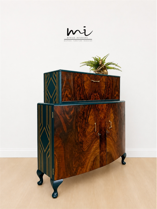 Navy Blue and Gold Art Deco Walnut Drinks Cabinet, cocktail cabinet, 1930s, vintage bar, sideboard, refurbished