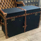 Vintage English Black Millerain Canvas & Tan Leather Coffee Table Trunk
