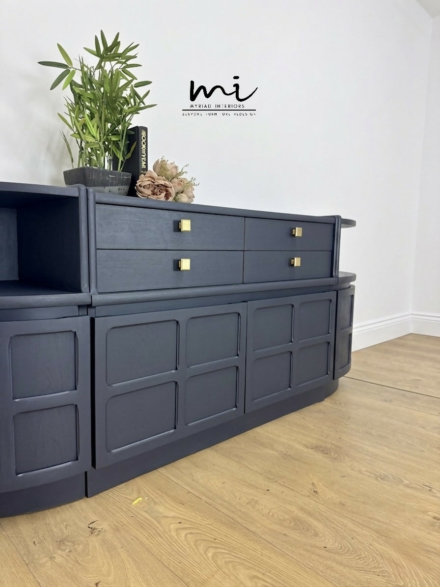 Mid Century Nathan teak modular sideboard set in navy blue, tv stand, media unit, retro corner cupboard, console, cocktail cabinet drinks