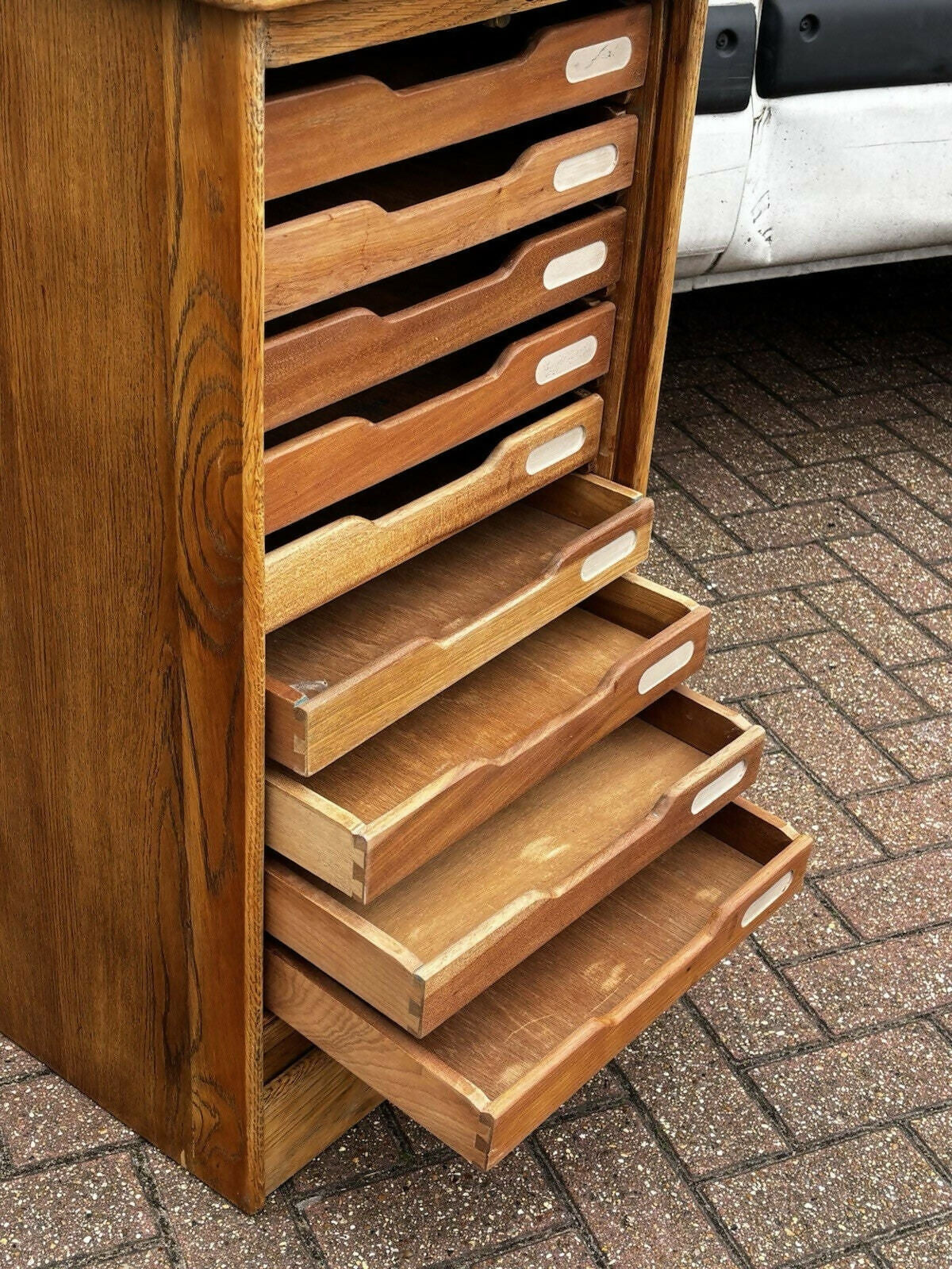 Light Oak Set Of 9 Filing Drawers With Tambour Rolling Front, With Key