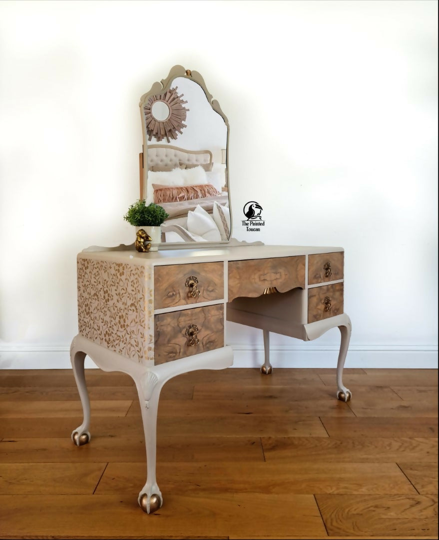 Vintage Taupe Dressing Table with Mirror and Queen Anne legs