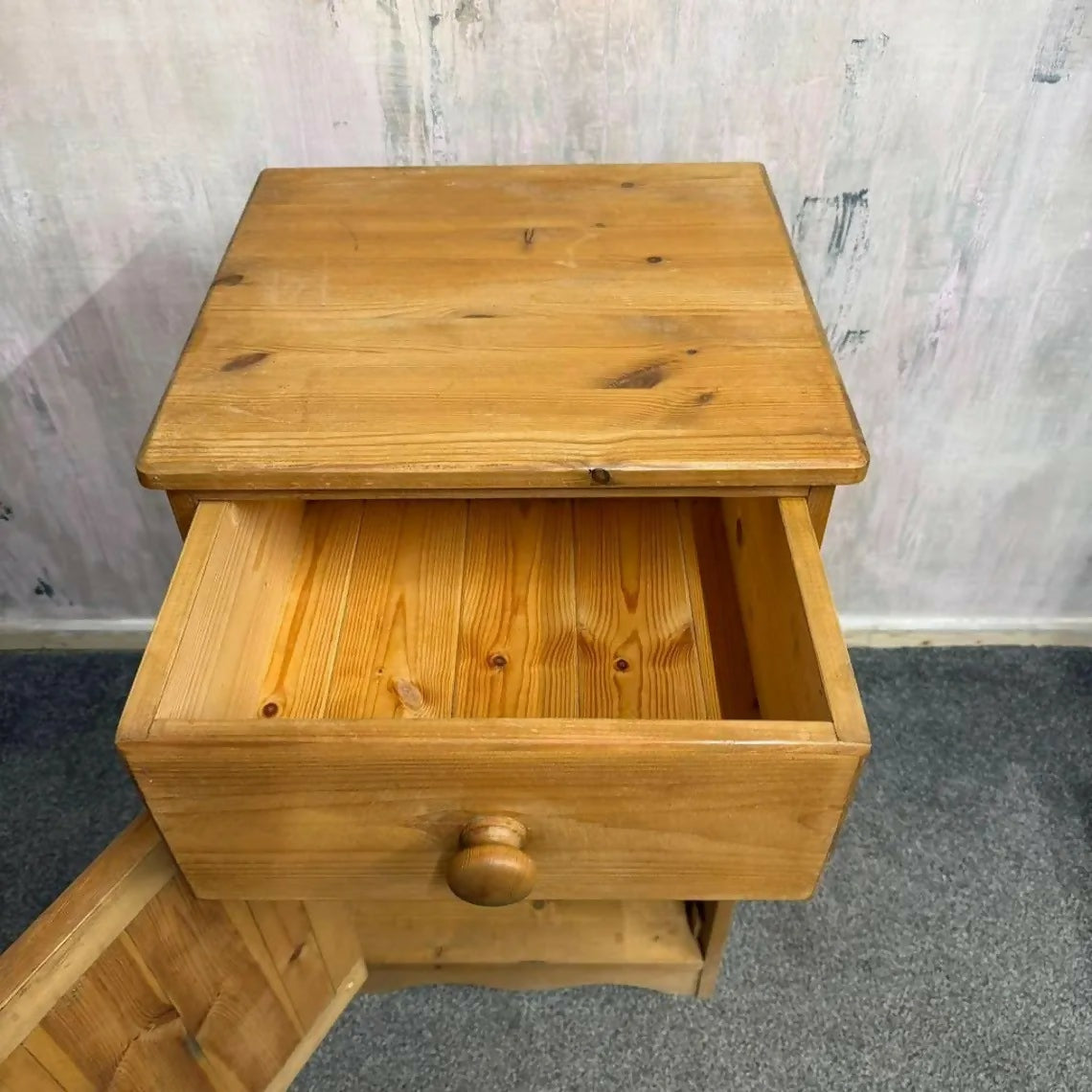 Pine Side Pot Cupboard Single Drawer Over Cupboard Knob Handles Scalloped Edge