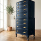 Vintage art deco Navy blue tallboy chest of drawers