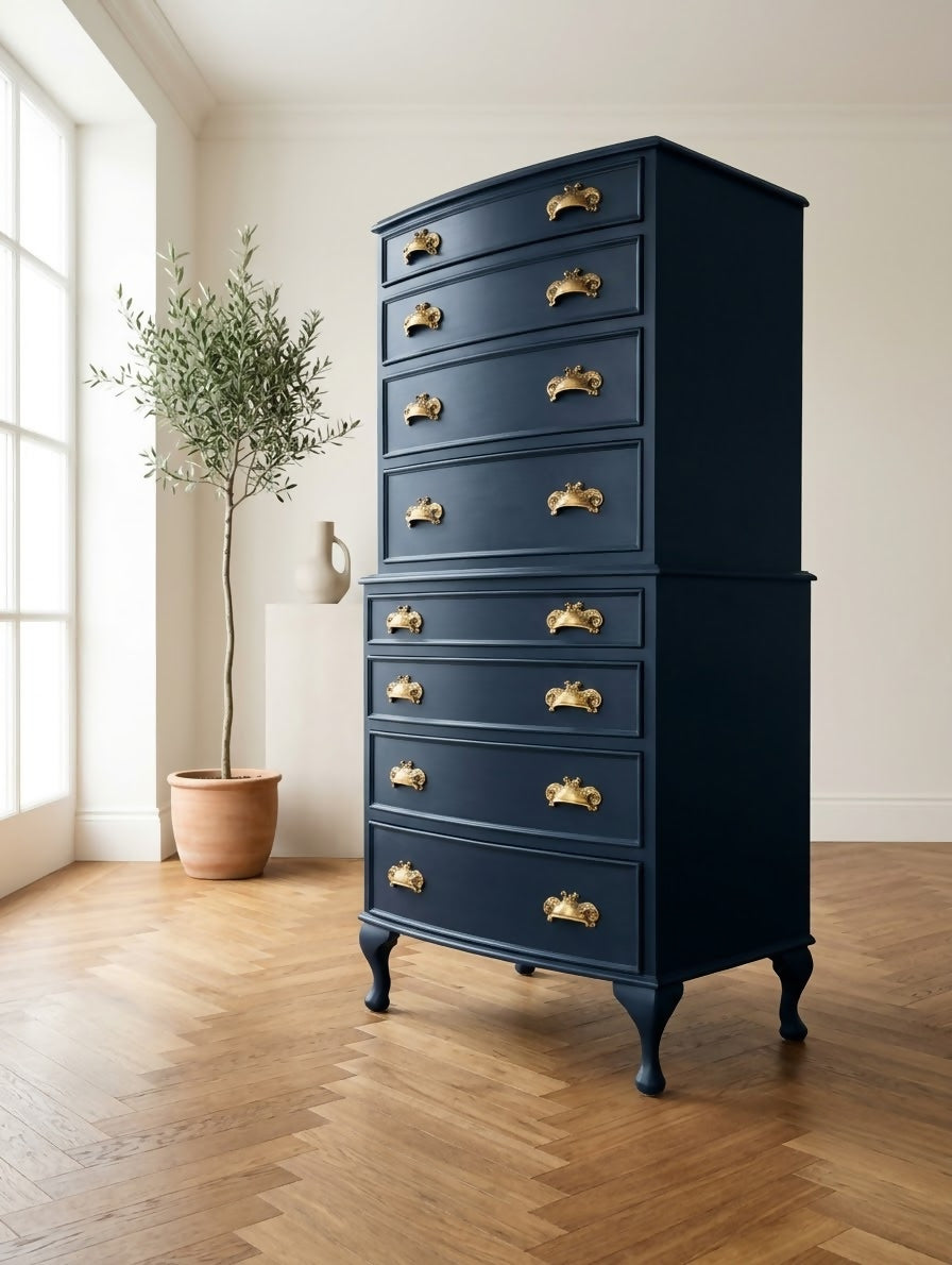 Vintage art deco Navy blue tallboy chest of drawers