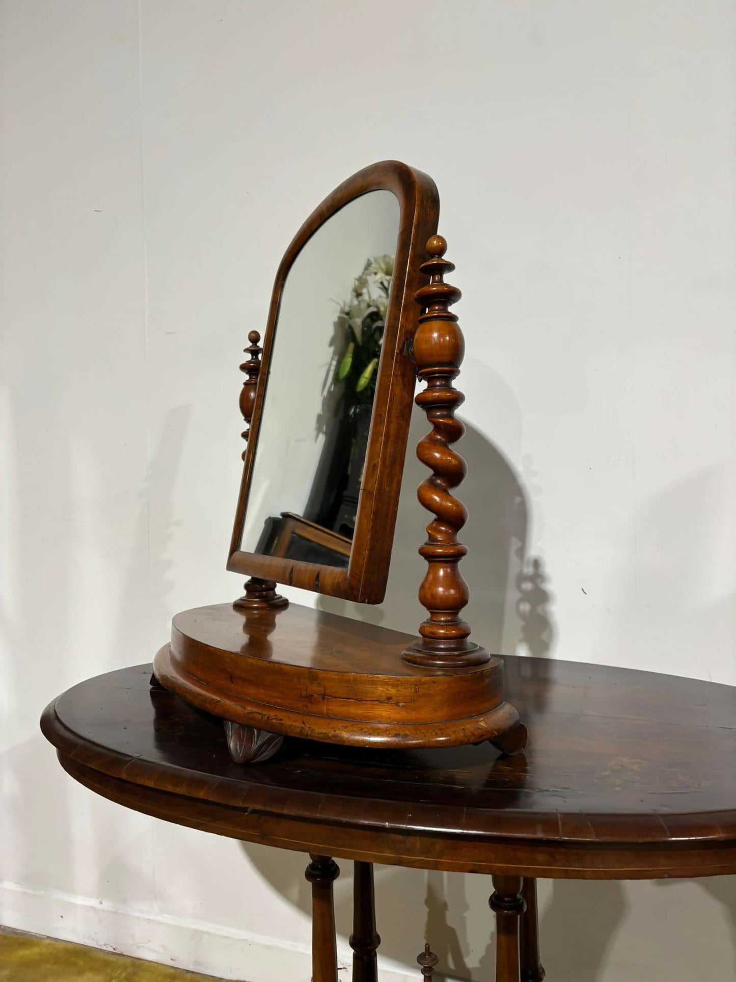 Victorian walnut dressing table mirror, supported on turned carved supports.9