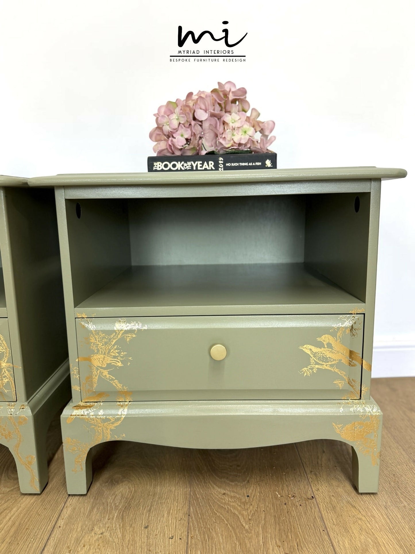 Stag Minstrel Bedside Tables In Pale Sage Green With Gold Foil Bird And Floral Design