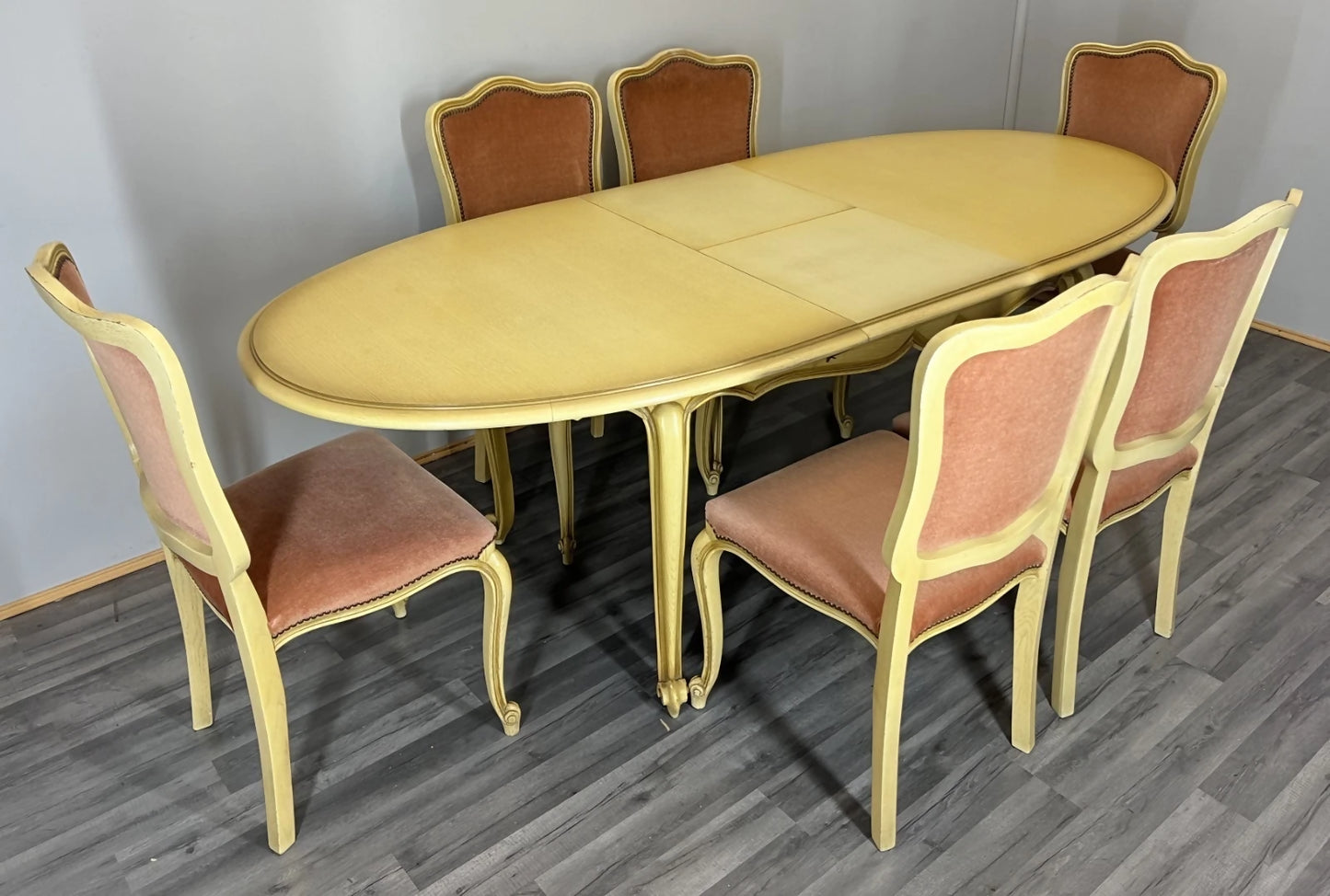 Vintage French Louis XVI Dining Table Set | Shabby Chic Oak Furniture | Includes 6 Upholstered Chairs Carved Detail LOT 4404