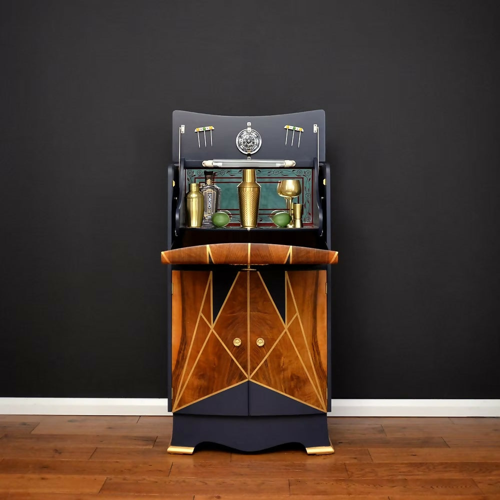 "Stellar", Art Deco Cocktail Cabinet,Burr Walnut, Navy and Gold Art Deco Style,