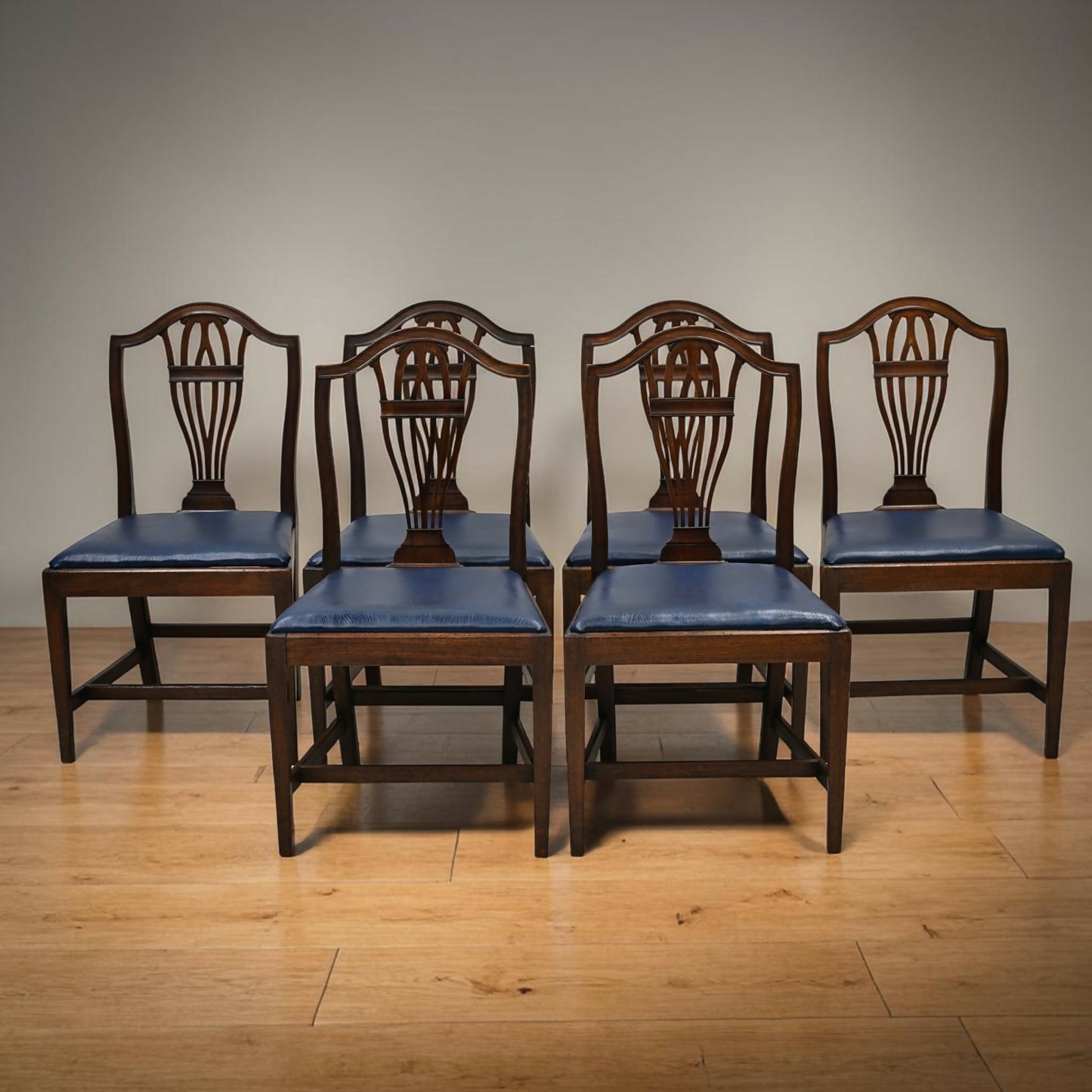 6 Georgian Mahogany Dining Chairs Blue Faux Leather Seats FREE UK Delivery
