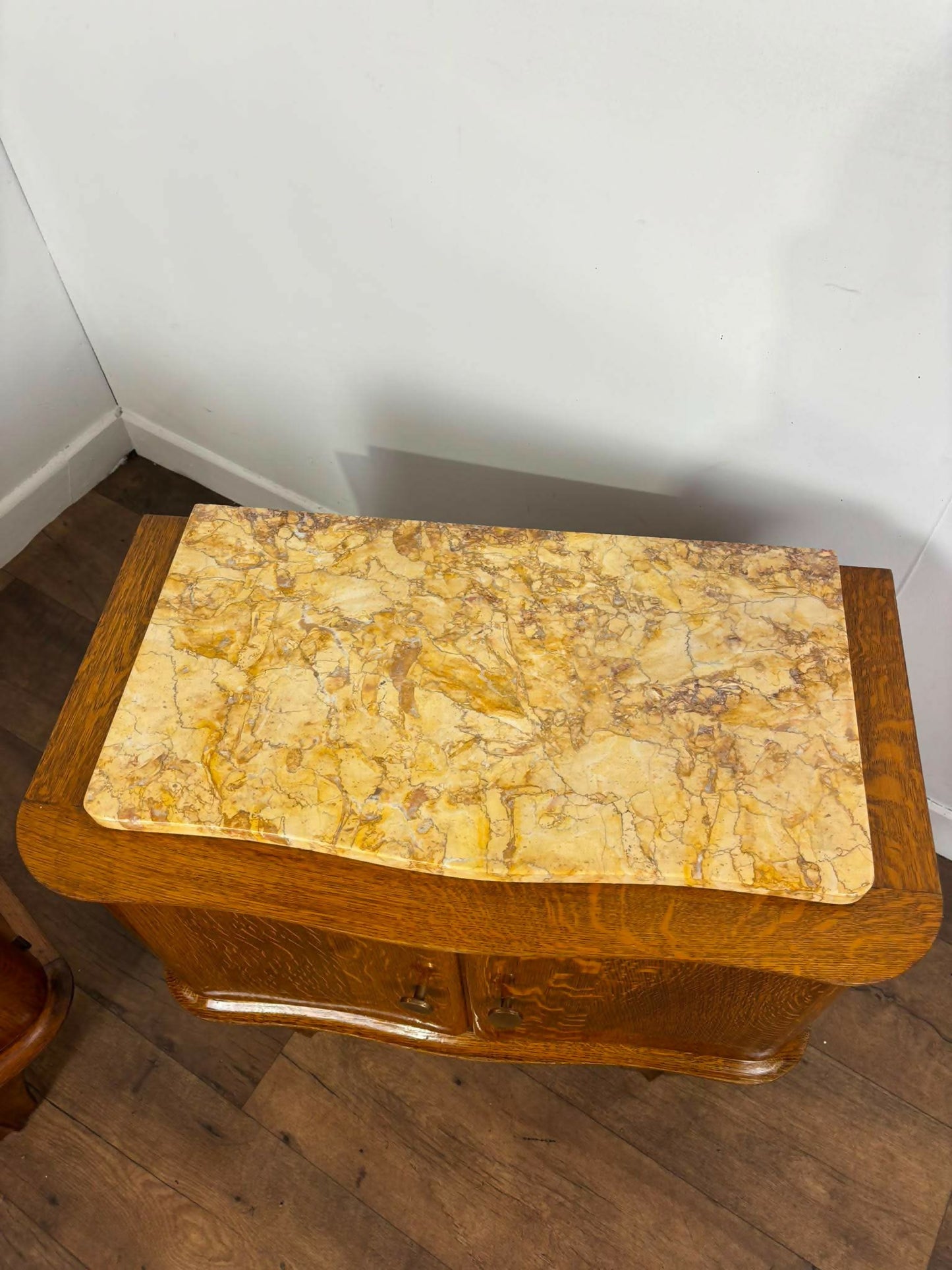 Pair of French Art Deco Oak Bedside Cabinets with Marble Tops