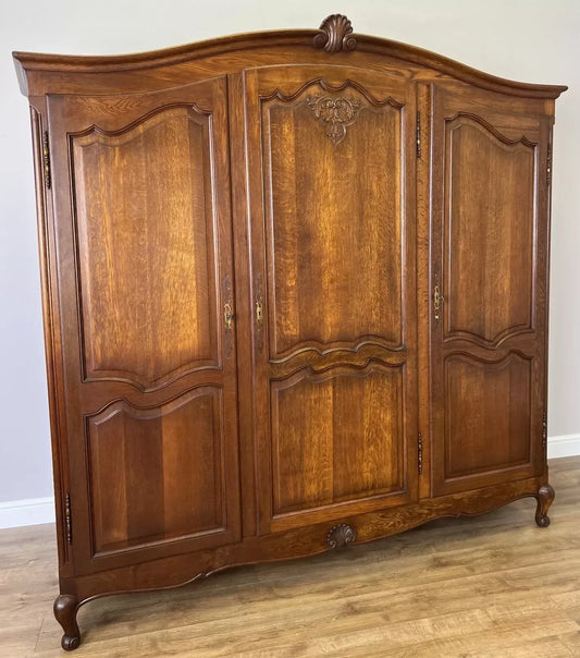 Wardrobe Vintage French Louis XVI Style Oak Three Door Carved Armoire LOT 4844