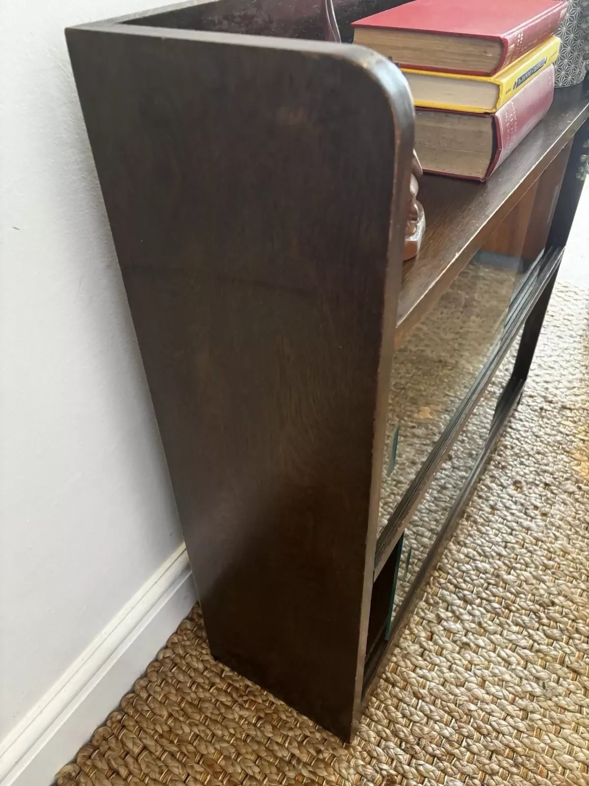 Vintage Mid Century Oak Glazed Bookcase Sliding Glass Doors Display Cabinet 60s