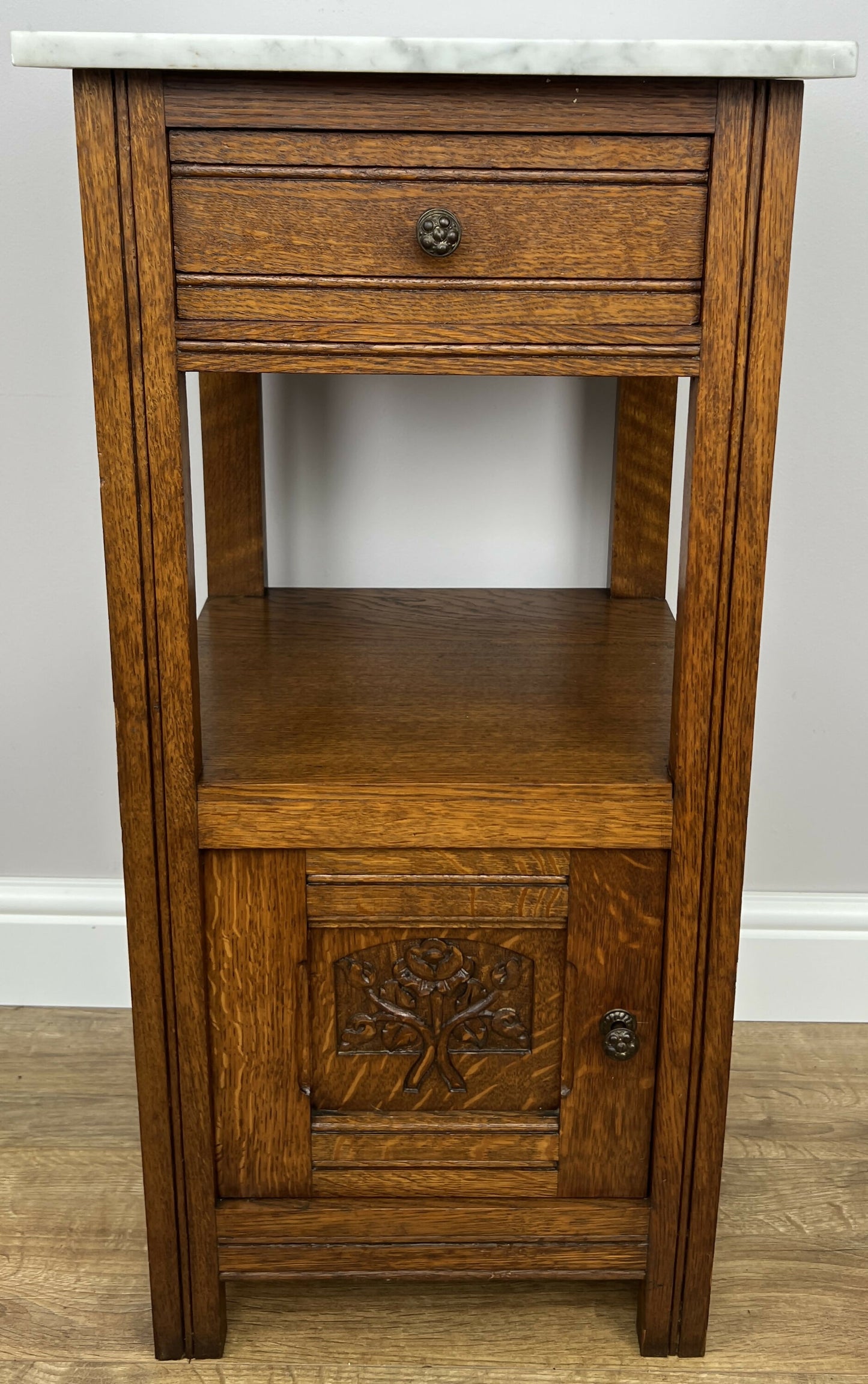 Bedside Table Antique French Style Marble Top Oak Cabinet Nightstand LOT 6241