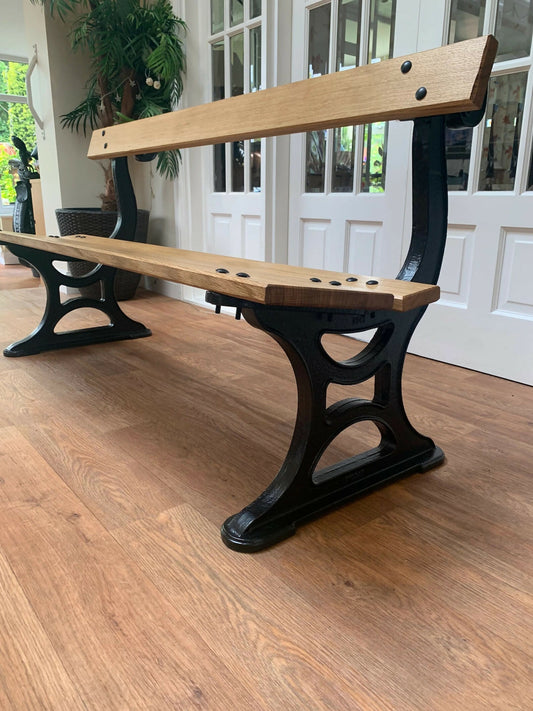 Black Cast Iron Very Heavy Garden Park Bench fully restored Oak Wood