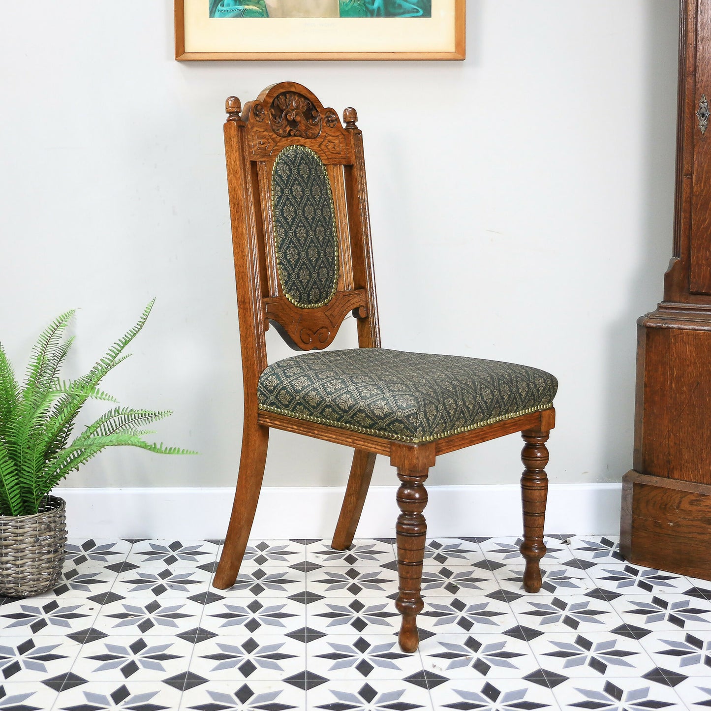 Victorian Side or Hall Chair Carved Back in Solid Oak with Green and Gold Fabric