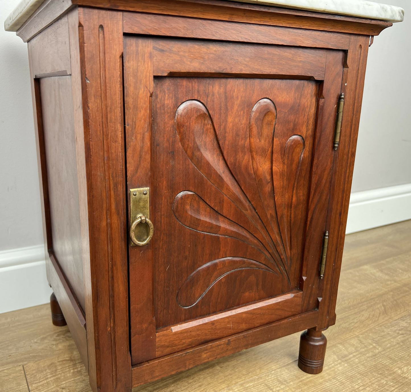 Bedside Table Antique French Style Marble Top Walnut Cabinet Nightstand LOT 6237