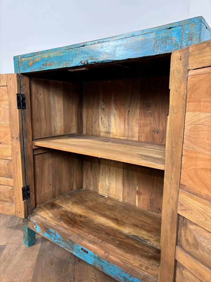 Vintage Indian Reclaimed Wooden Blue Rustic Cupboard